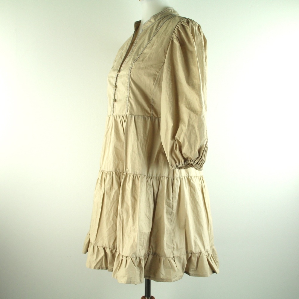 Anthropologie Ruffled Poplin Cotton Tunic Puff Sleeve Tan Mini Dress M NWT - Picture 4 of 6